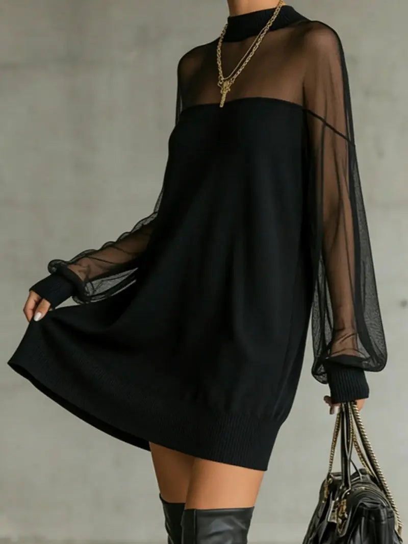 Black mesh high-neck mini dress, front view