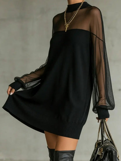 Black mesh high-neck mini dress, front view