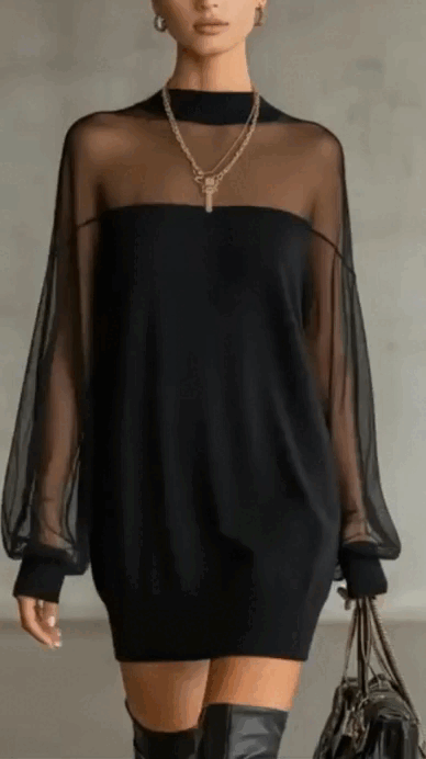 Black mesh high-neck mini dress in motion