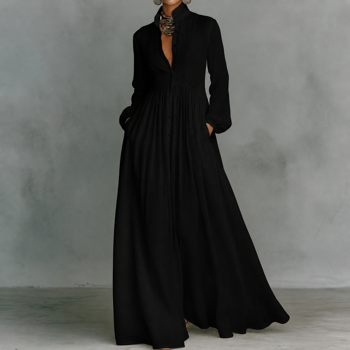 Black minimalist patchwork maxi dress with mao collar