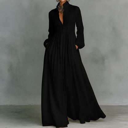 Black minimalist patchwork maxi dress with mao collar