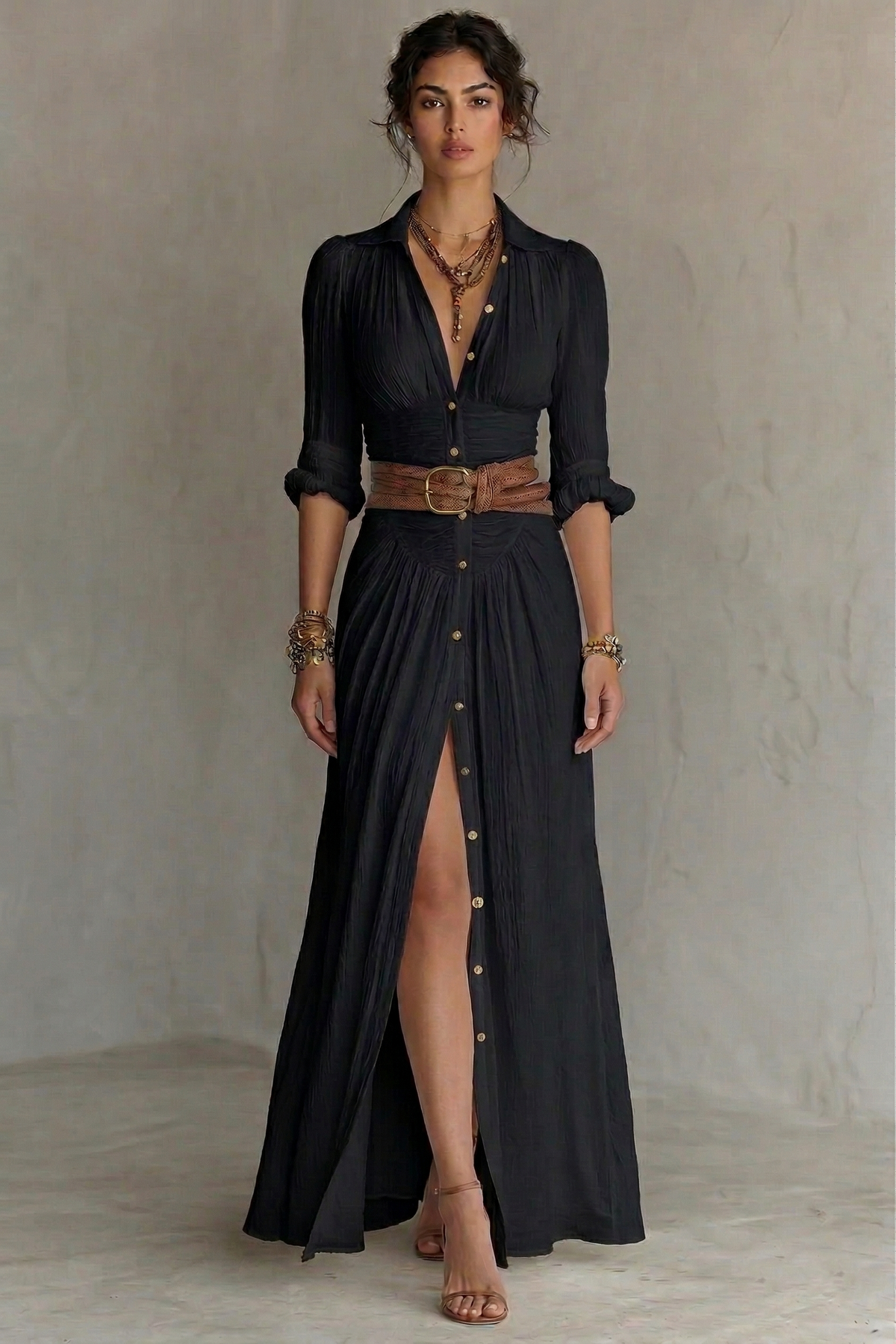 Black pleated V-neck maxi dress with belt