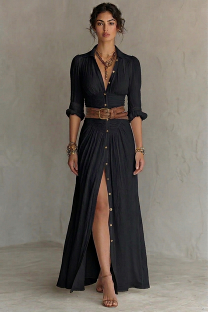 Black pleated V-neck maxi dress with belt