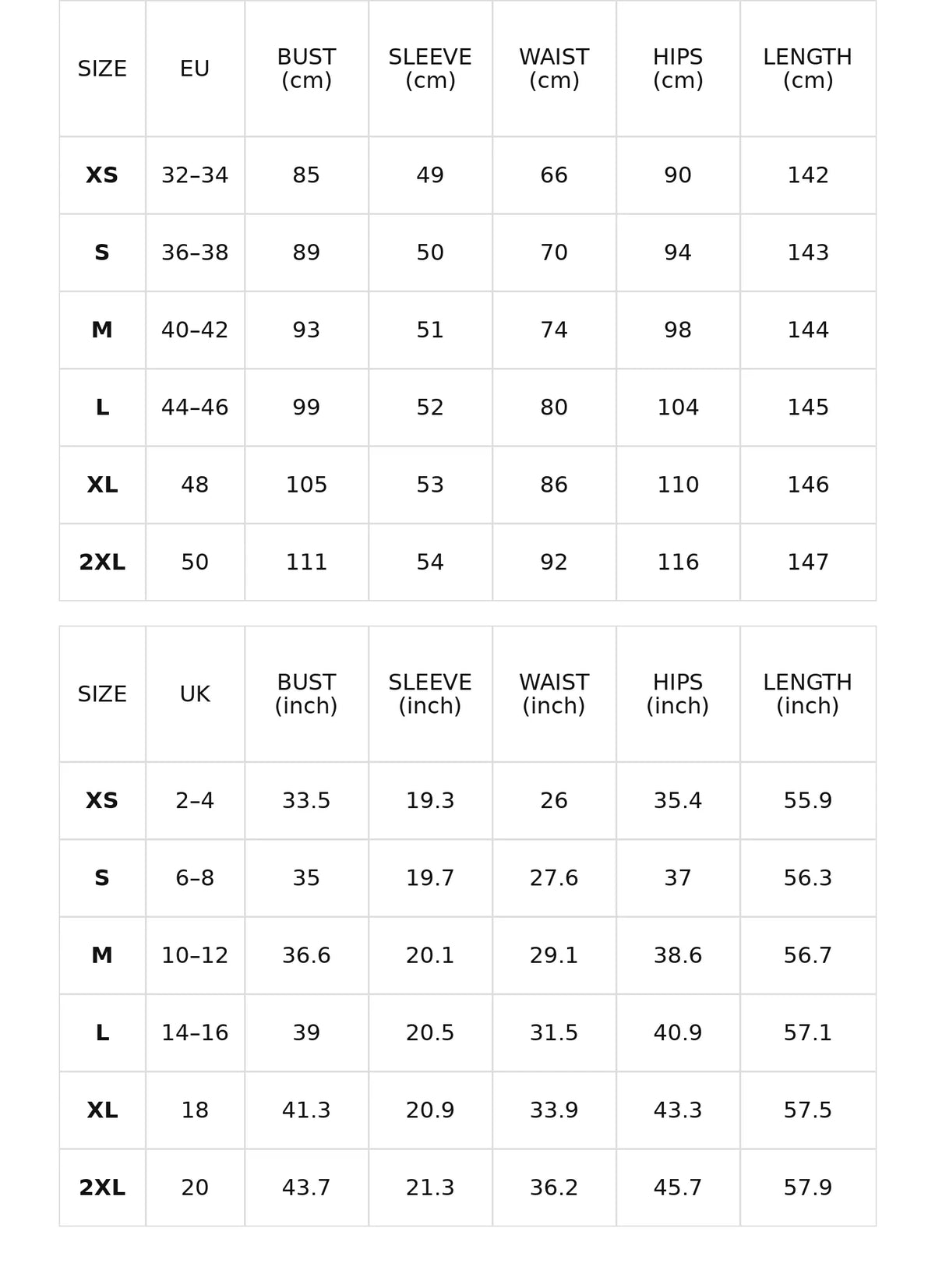 Size chart for the black satin maxi dress with high neck and sheer sleeves