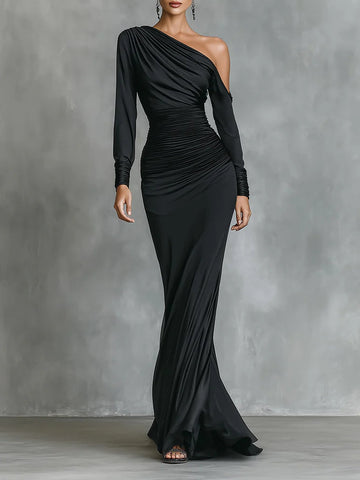 Black satin one-shoulder mermaid maxi dress, front view