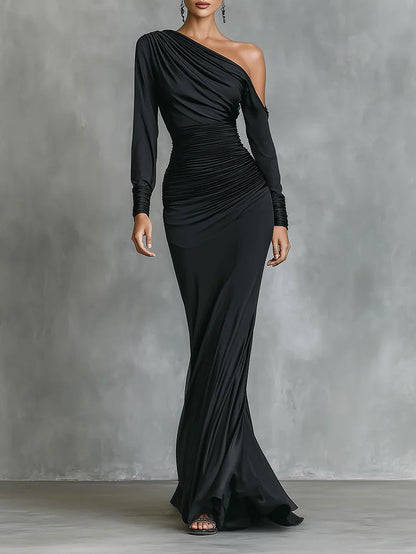 Black satin one-shoulder mermaid maxi dress, front view