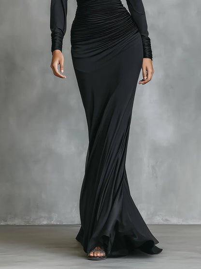 Black satin one-shoulder dress, back view