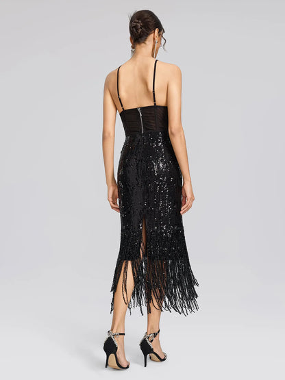 Women's black sequin fringe midi skirt with slit, back view