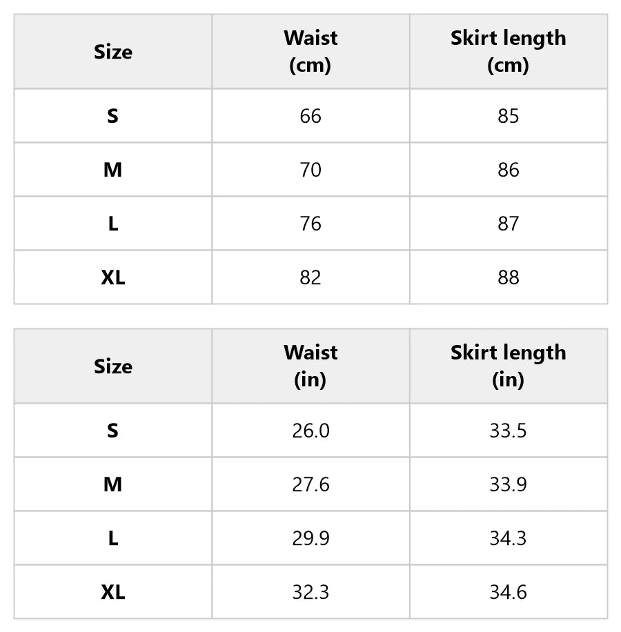 Size chart for the black sequin fringe midi skirt with slit