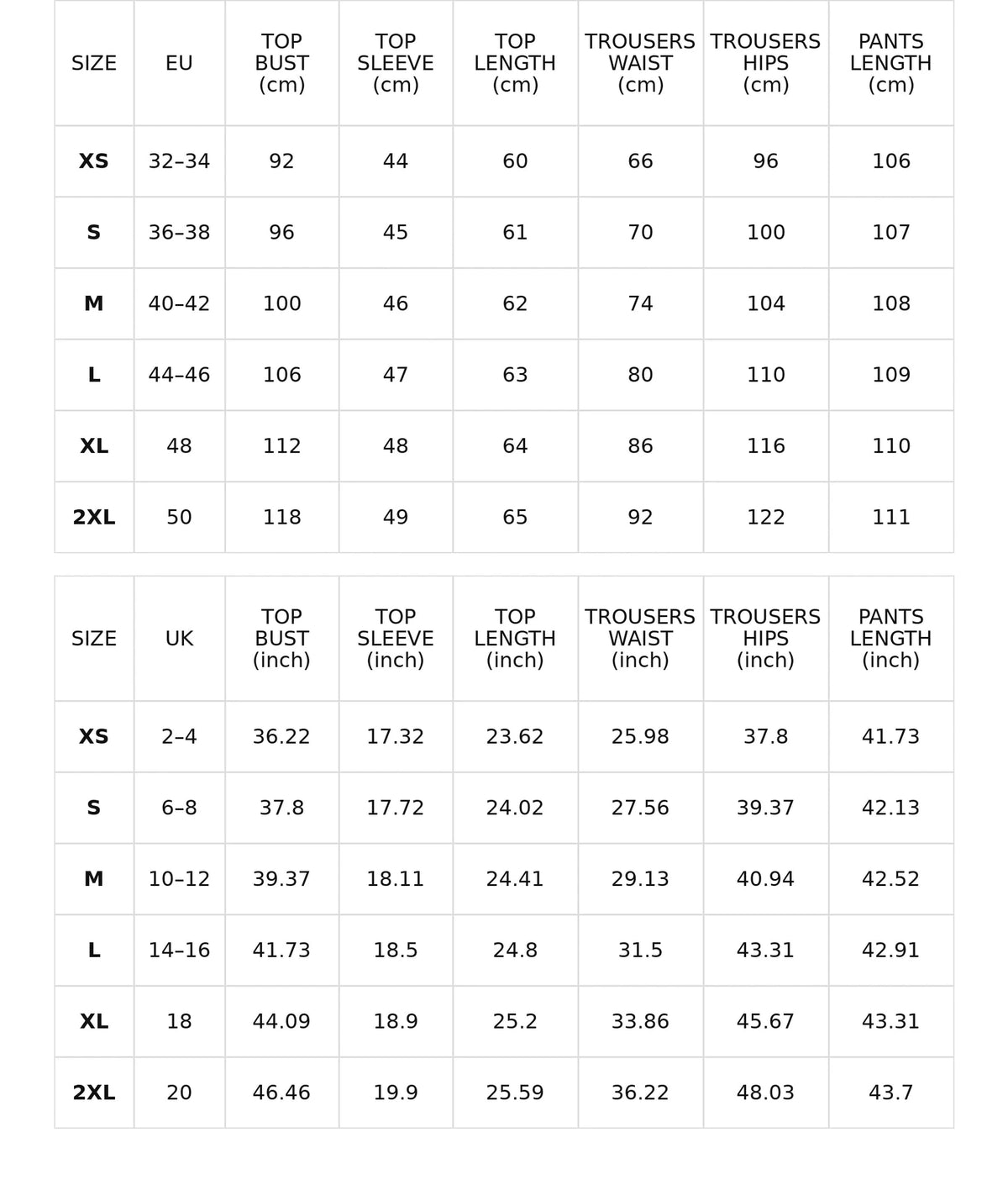 Size chart for black sheer-sleeve top, cami and wide-leg trousers set