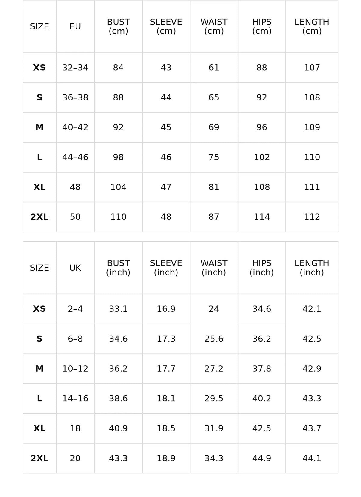 Size chart for the black v-neck midi dress with knot waist