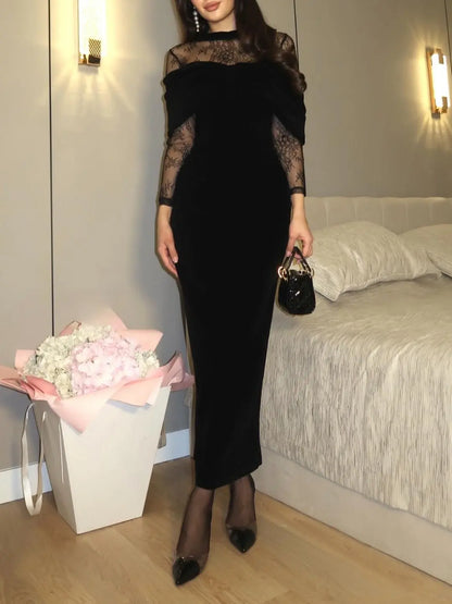 Black velvet lace-detail fitted maxi dress, front view