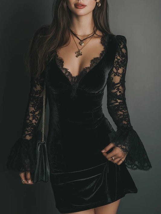 Black velvet mini dress with lace and bell sleeves, front view