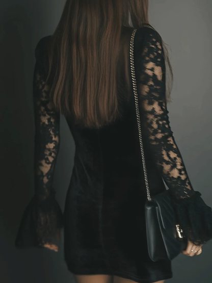 Velvet mini dress lace detail