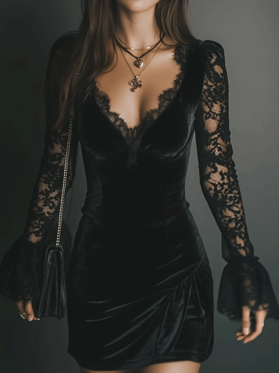 Black velvet lace mini dress, back view