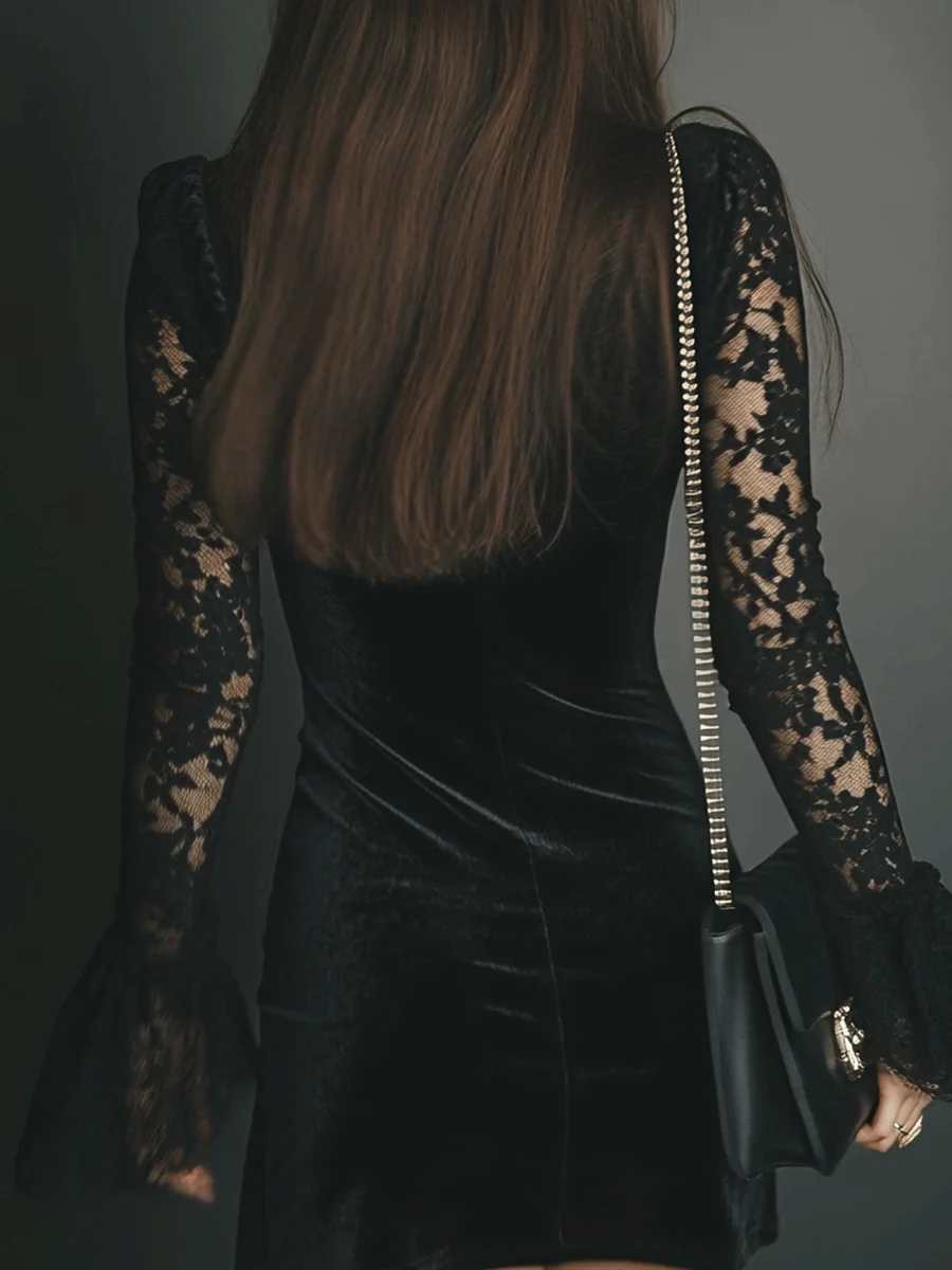 Black velvet mini dress full look