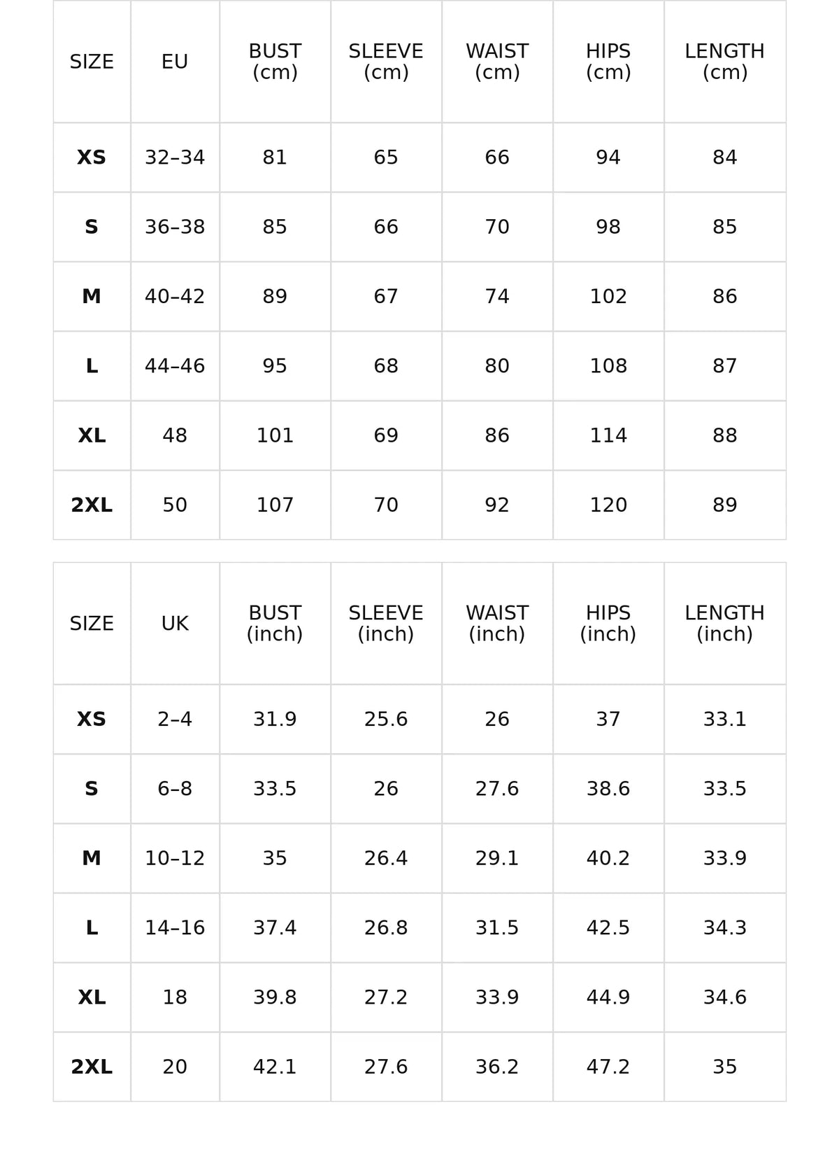 Size chart for the black velvet mini dress with lace and bell sleeves
