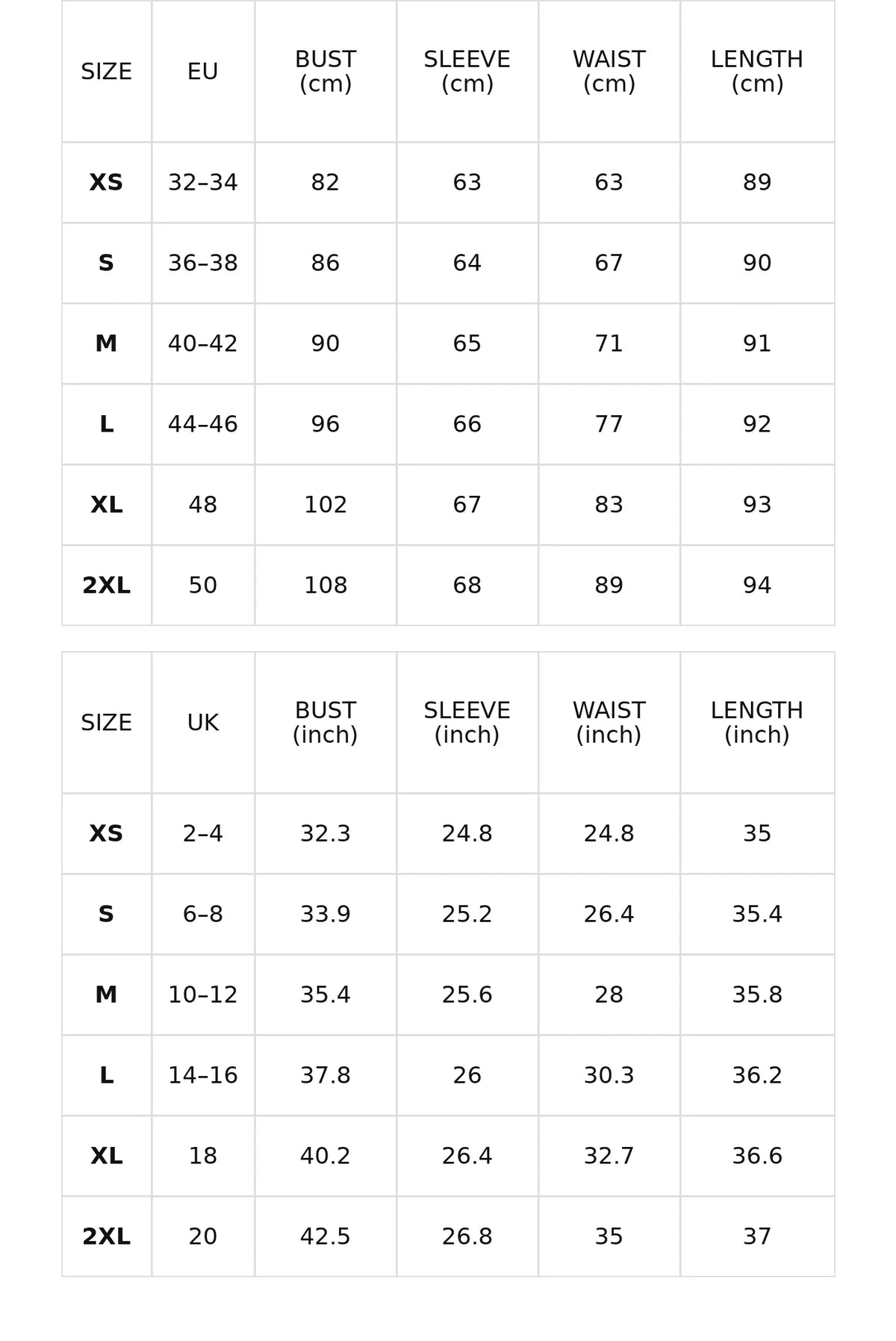 Size chart for the black velvet mini dress with sheer polka-dot sleeves