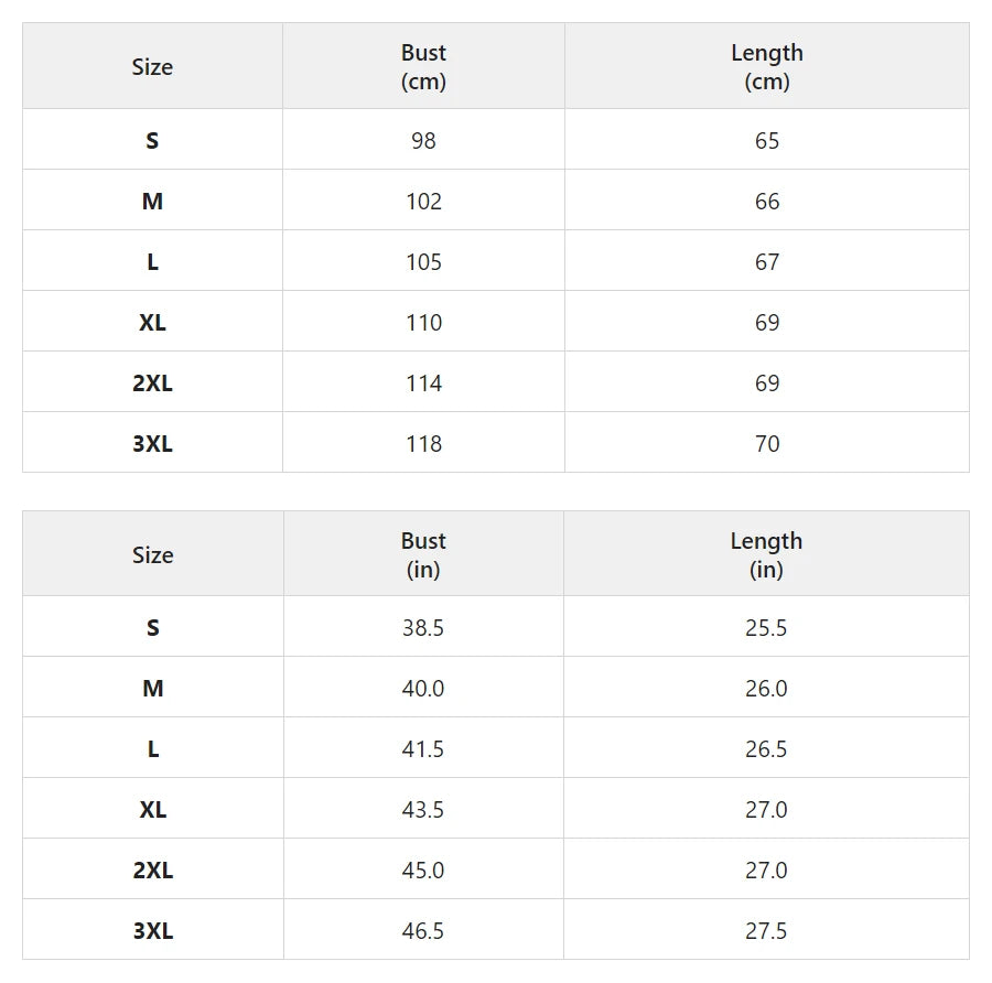 Size chart for the blazer with contrast piping