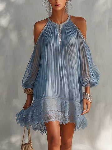 Women's blue cold-shoulder mini dress with lace hem, front view