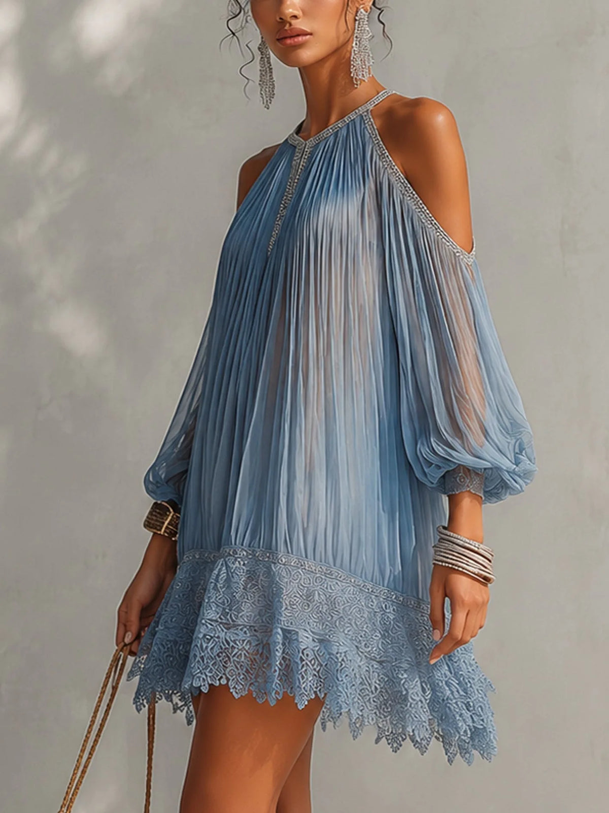 Women's blue cold-shoulder mini dress with lace hem, side view