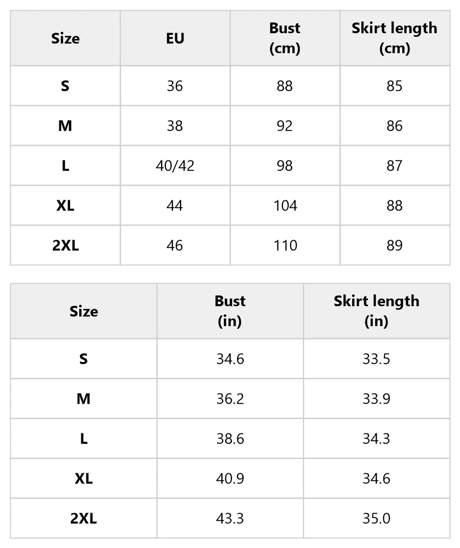 Size chart for the blue cold-shoulder mini dress with lace hem and sheer sleeves