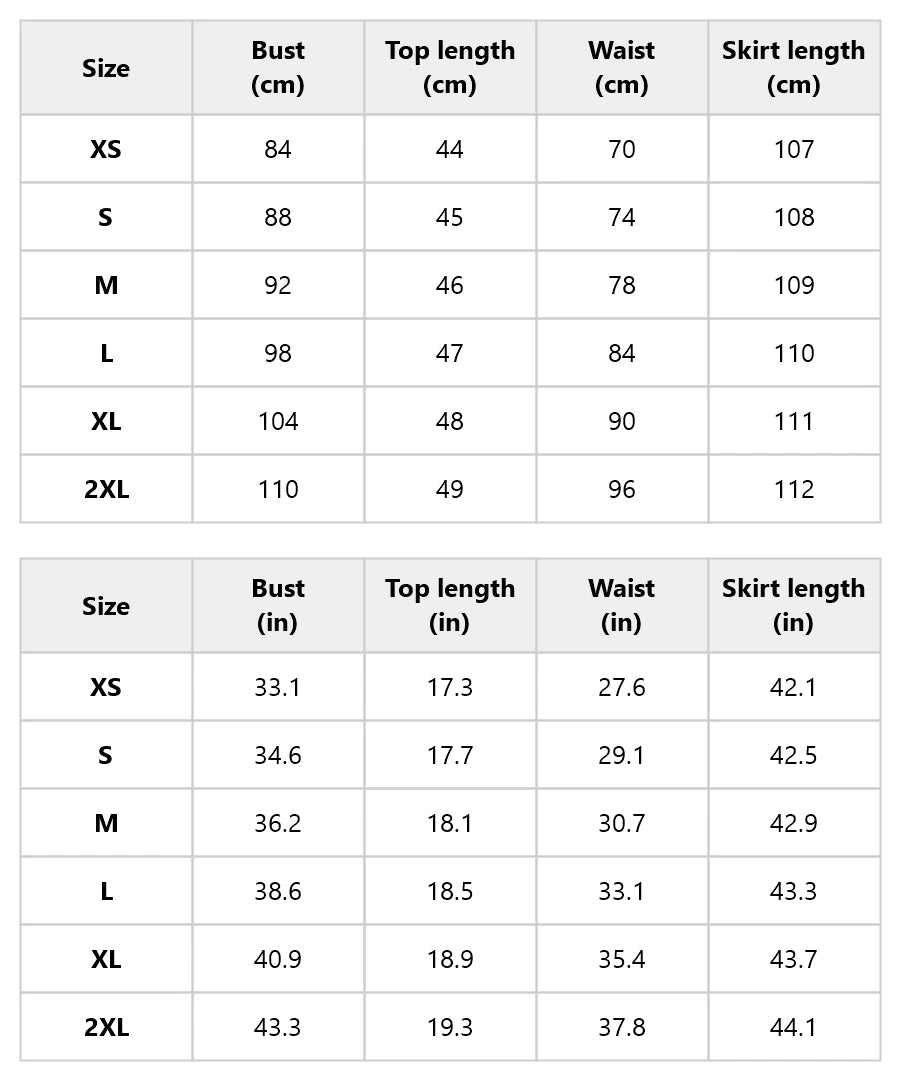Size chart for the blue lace-paneled top and pleated maxi skirt set