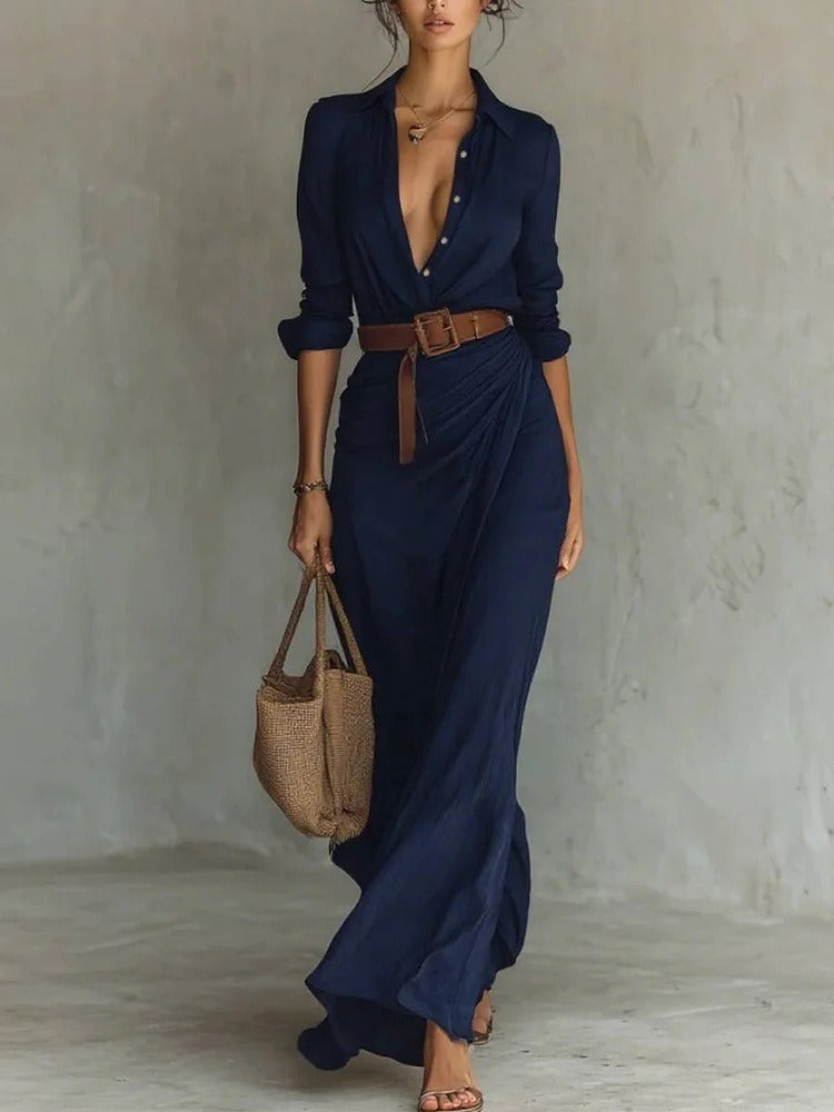 Blue long sleeve shirt maxi dress with belt
