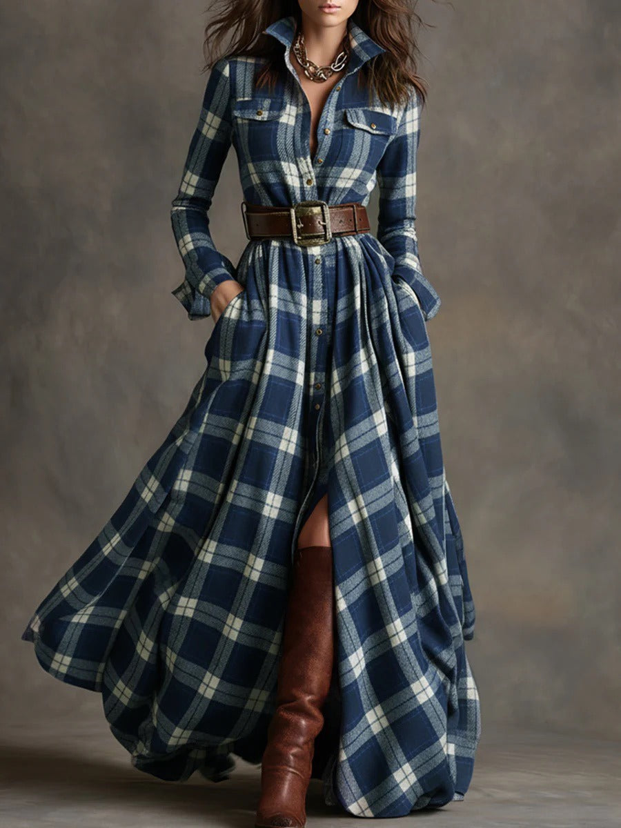 Blue plaid shirt maxi dress with adjustable belt