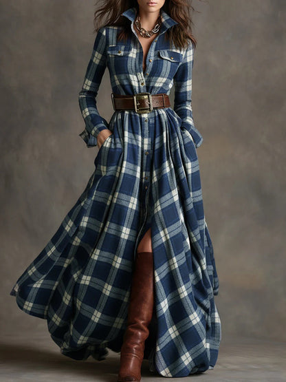 Blue plaid shirt maxi dress with adjustable belt