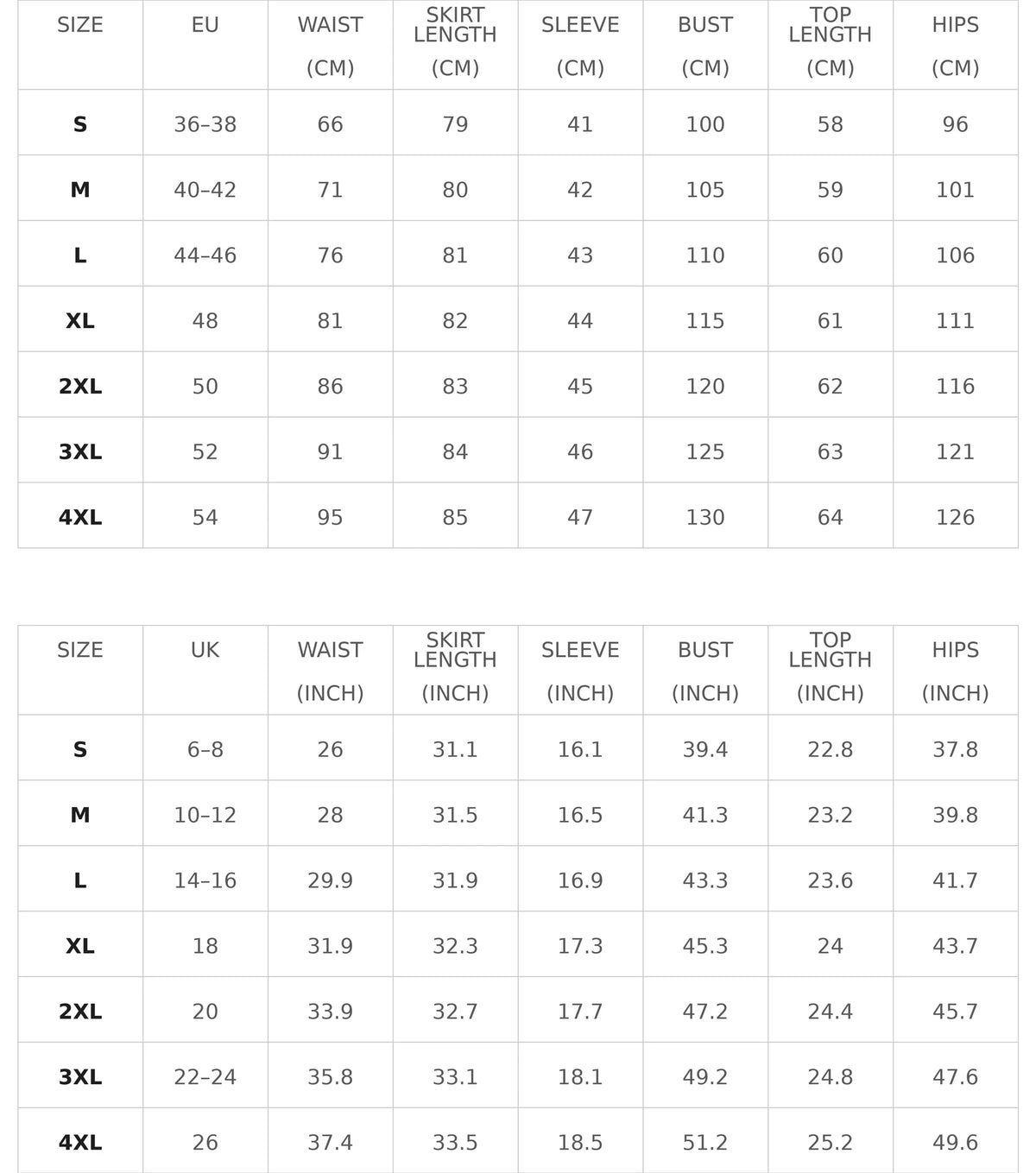 Size chart for boat-neck top and high-waist midi skirt set