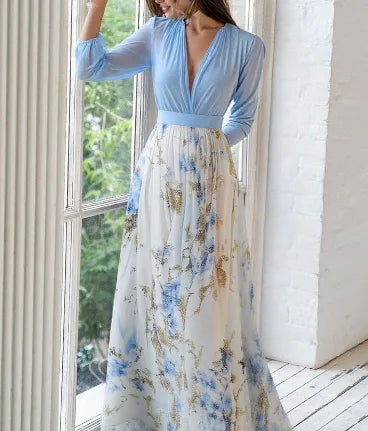 Women's boho floral maxi dress with puff sleeves, front view with V-neck and sleeves