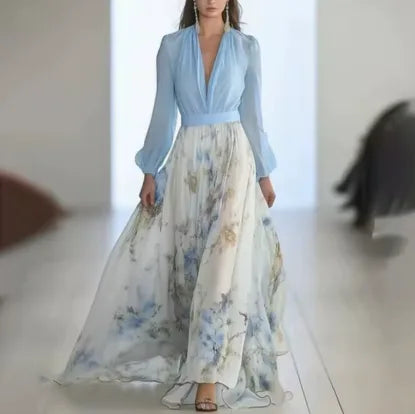 Women's boho floral maxi dress with puff sleeves, front view