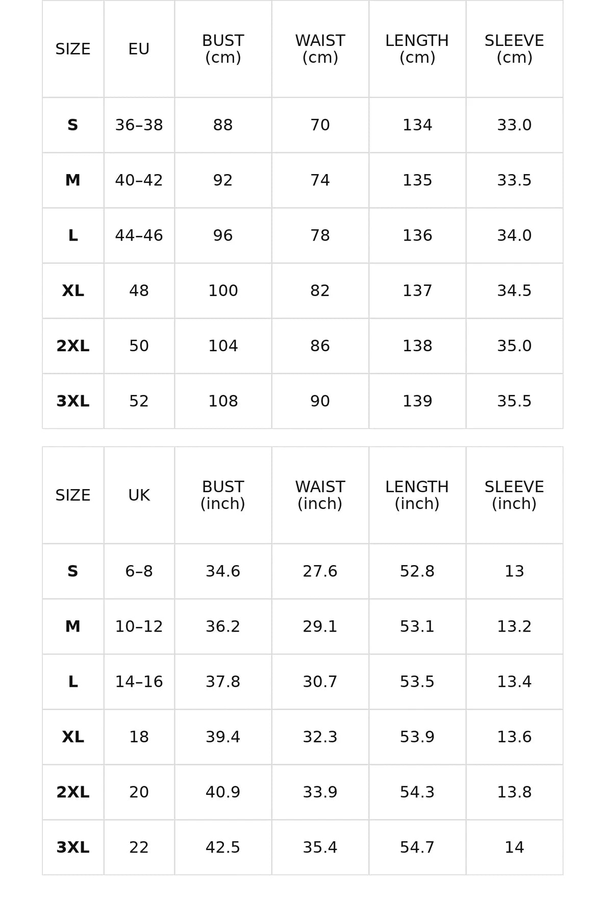 Size chart for the boho floral maxi dress with puff sleeves