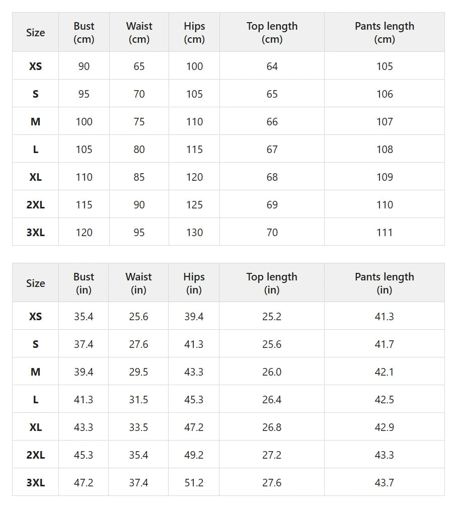 Size chart for boho knot-waist shirt and wide-leg pants set