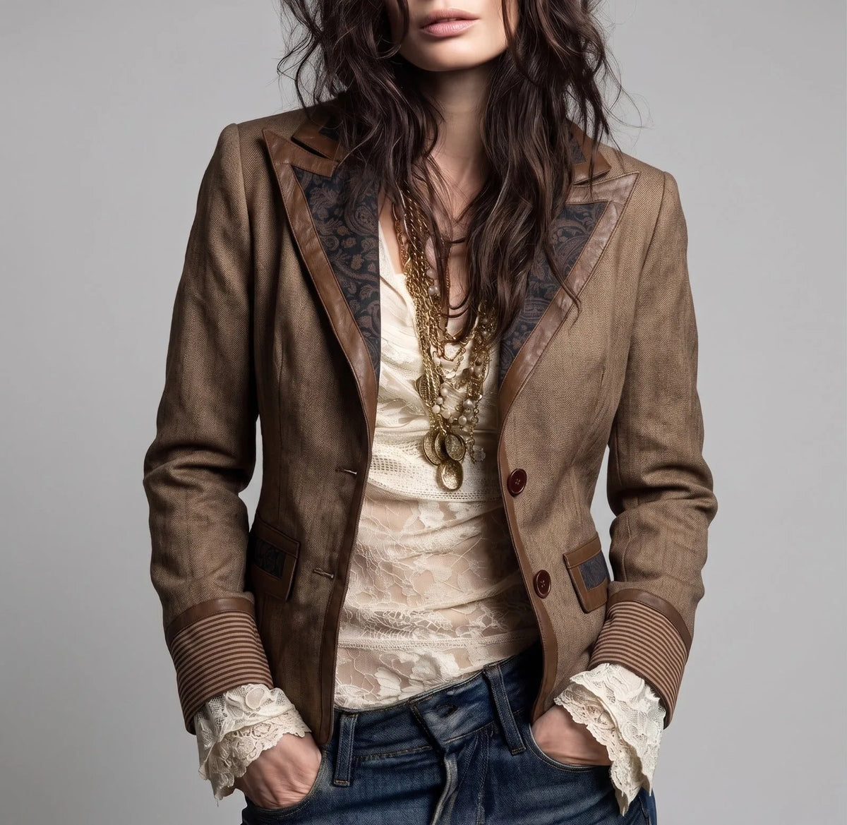 Women's brown fitted blazer with contrast lapels, front view with jeans