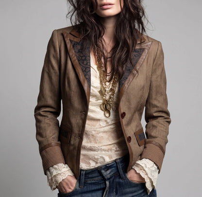 Women's brown fitted blazer with contrast lapels, front view with jeans