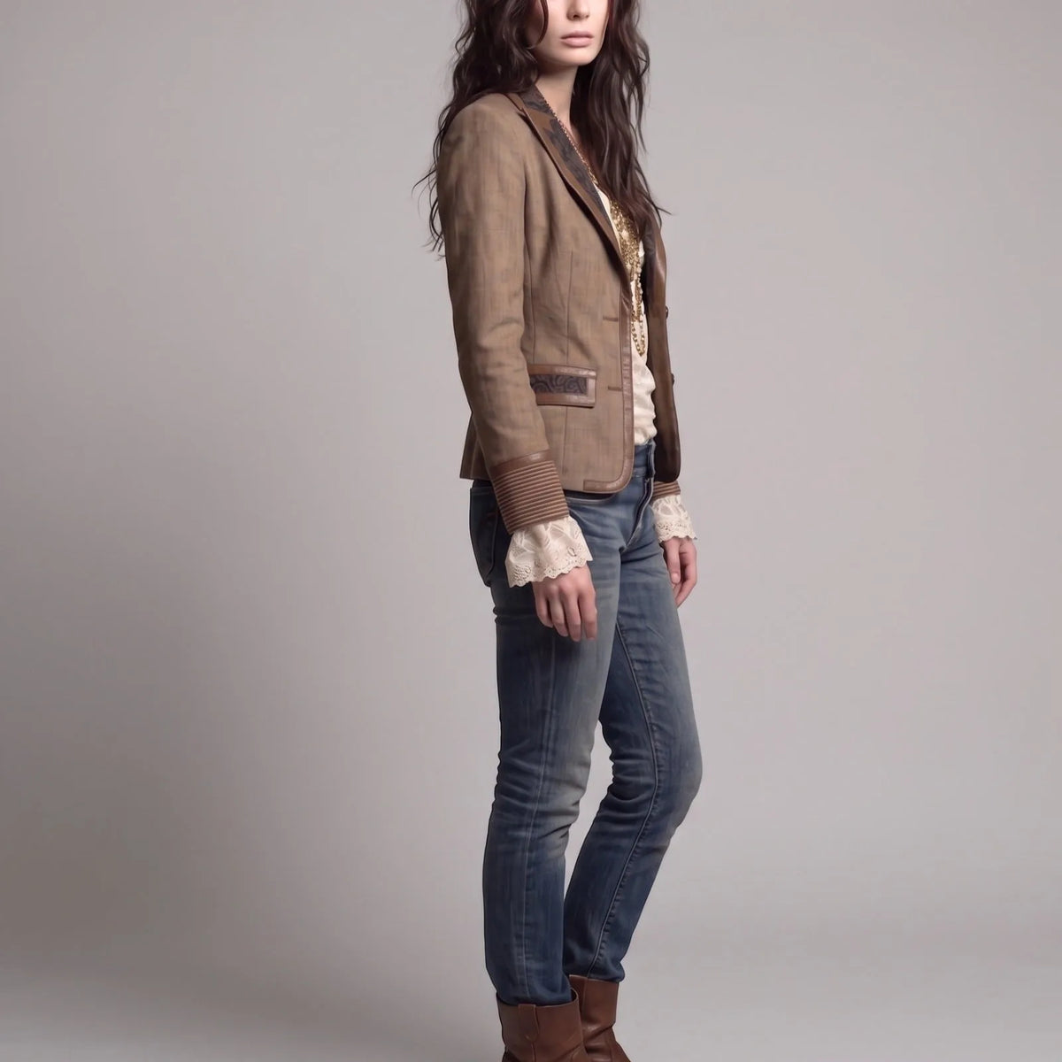 Women's brown fitted blazer with contrast lapels, full-length side view
