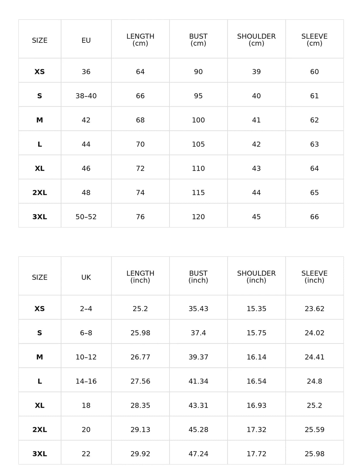 Size chart for the brown fitted blazer with contrast lapels