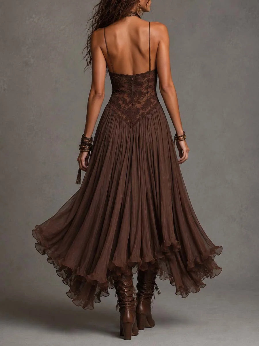 Women's brown lace-bodice maxi dress with flowing skirt, back view