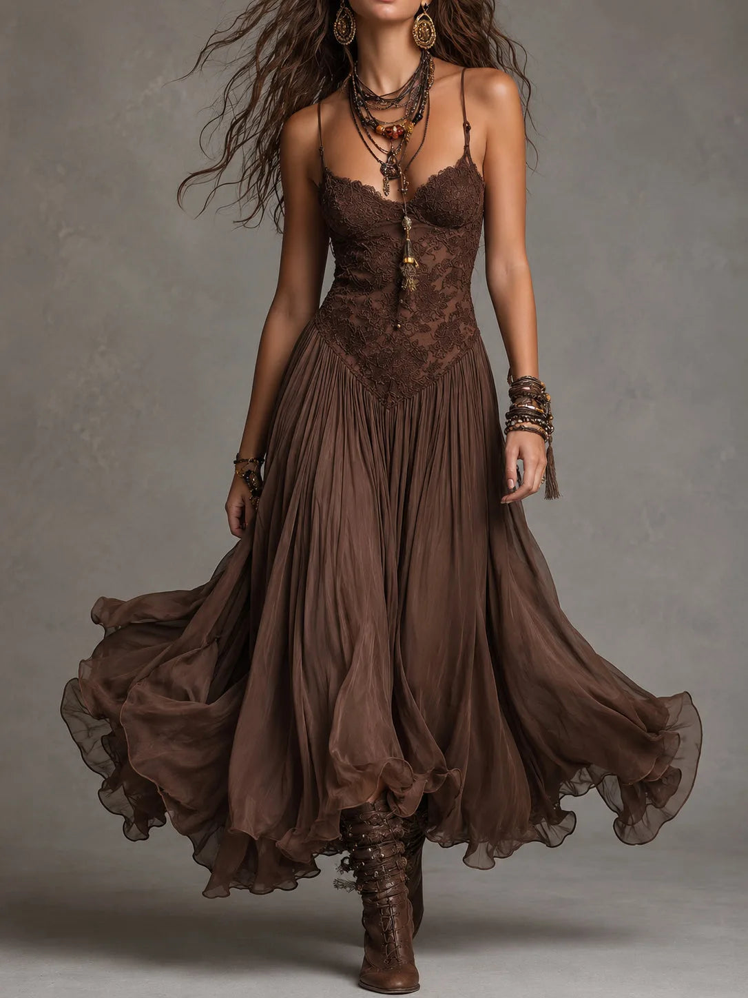 Women's brown lace-bodice maxi dress with flowing skirt, front view