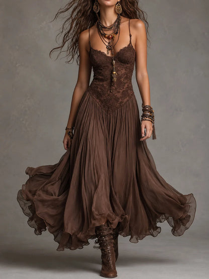Women's brown lace-bodice maxi dress with flowing skirt, front view