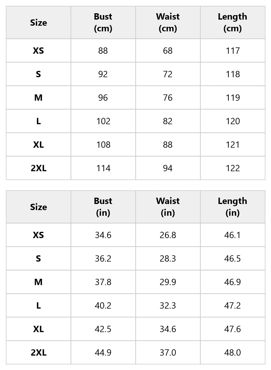 Size chart for the brown lace-bodice maxi dress with flowing skirt