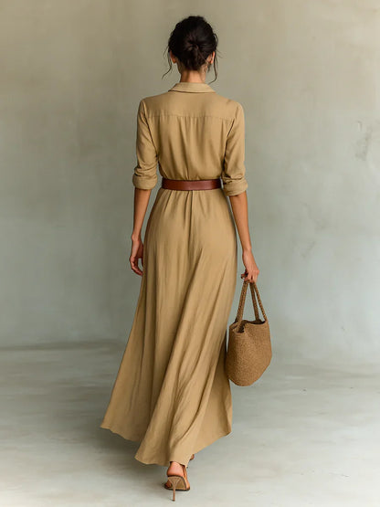 Brown shirt maxi dress with belt, back view