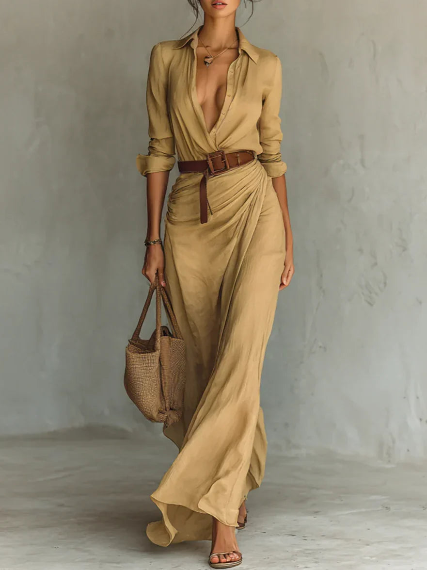 Brown long sleeve shirt maxi dress with belt