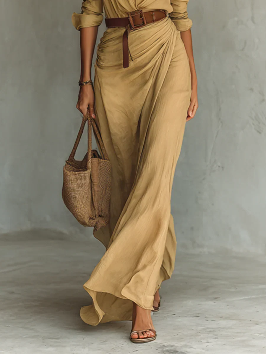 Brown shirt maxi dress skirt detail