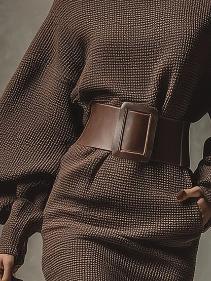 Women's brown mini dress with wide belt and balloon sleeves, close-up of the wide belt