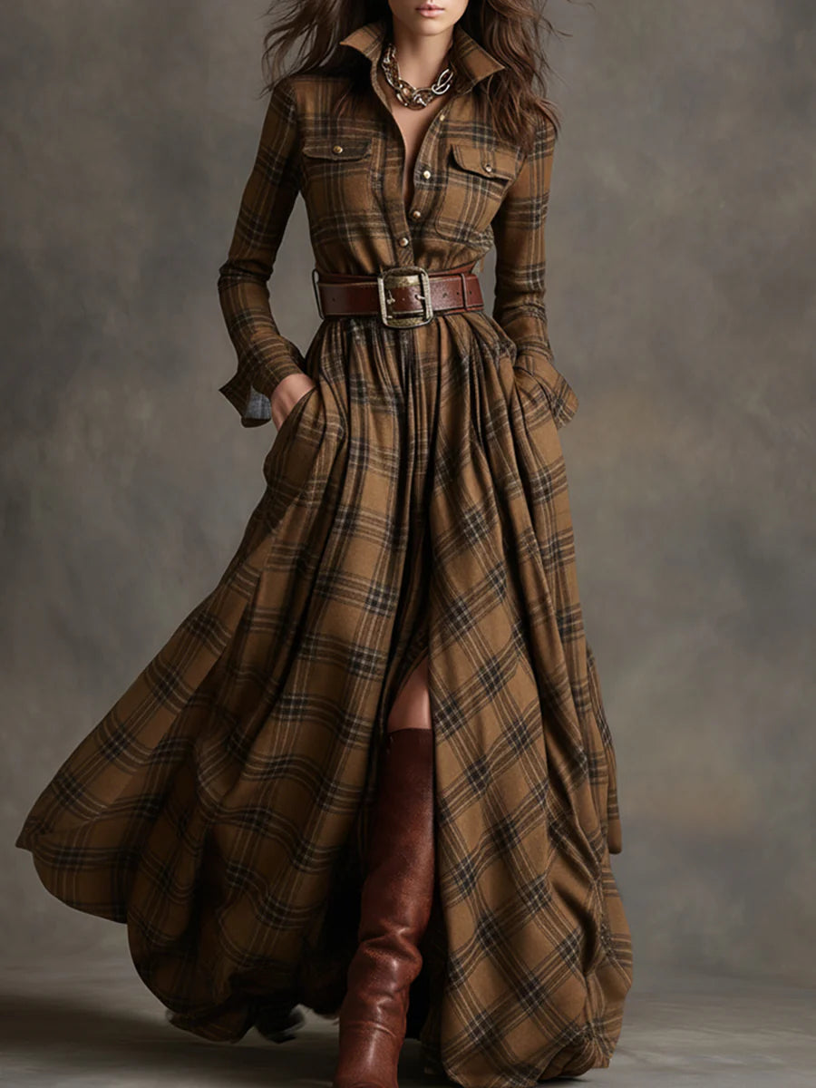 Brown plaid shirt maxi dress with adjustable belt