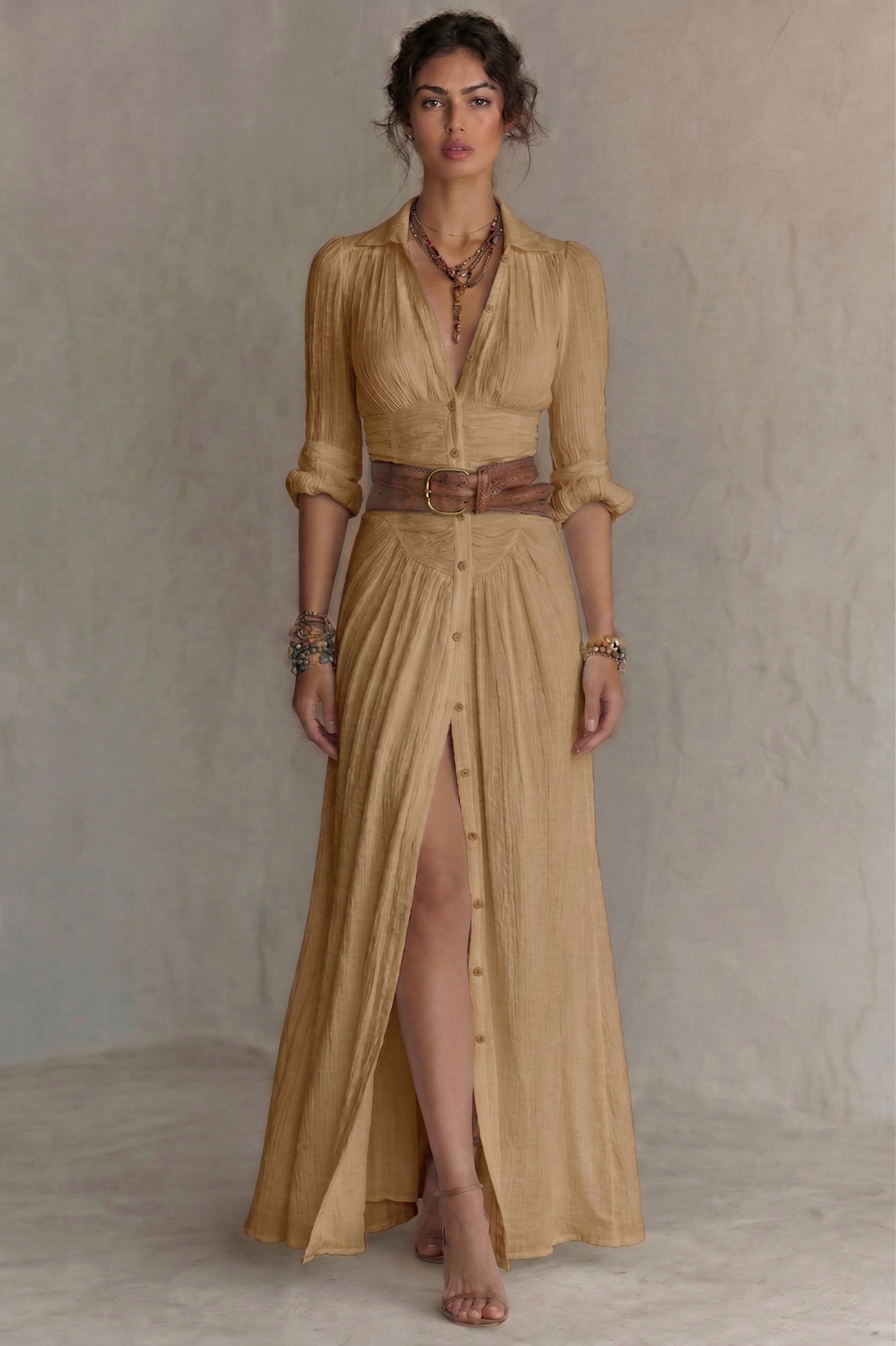 Brown pleated V-neck maxi dress with belt