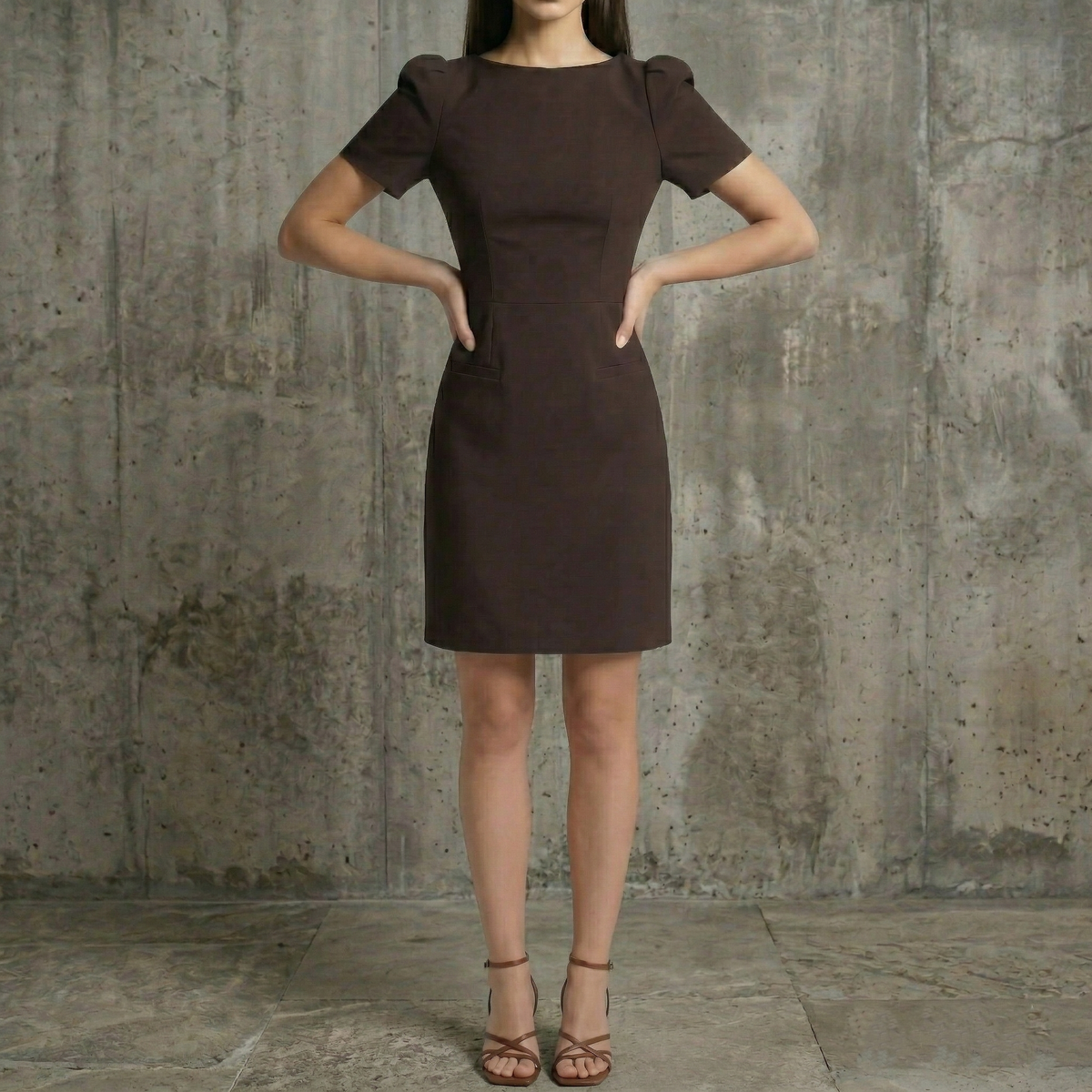 Elegant brown short-sleeve mini dress